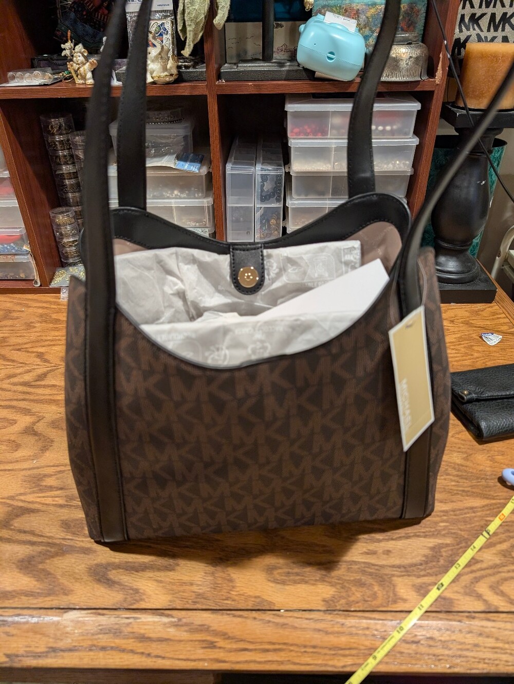 Michael Kors Brown Monogram Shoulder Tote with Black Trim